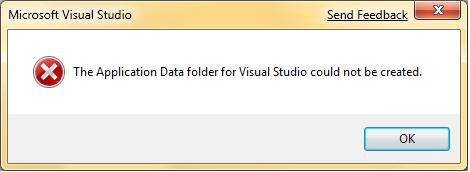 The Application Data folder for Visual Studio could not be created.